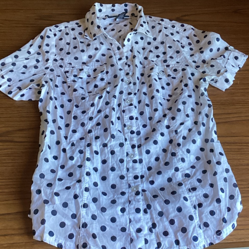 Karen Scott White and Black Polka Dot Button Down Shirt
